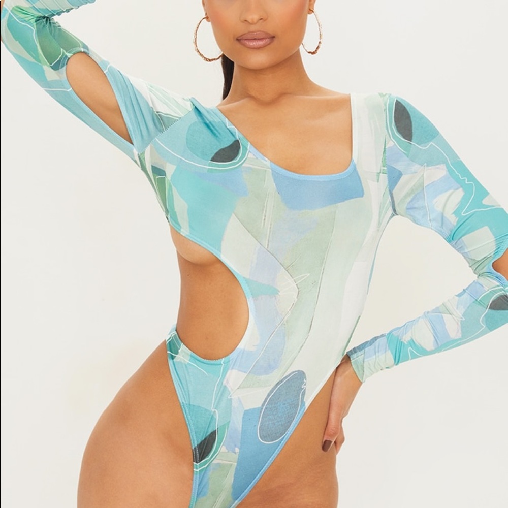 Green Abstract Slinky Cut Out High Leg Bodysuit